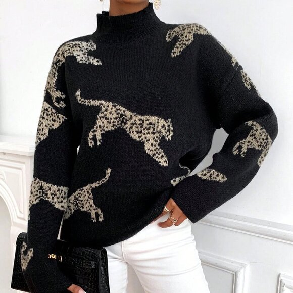 Black Casual Women's Leopard Pattern High Neck Drop Shoulder Sweater - Picture 5 of 6
